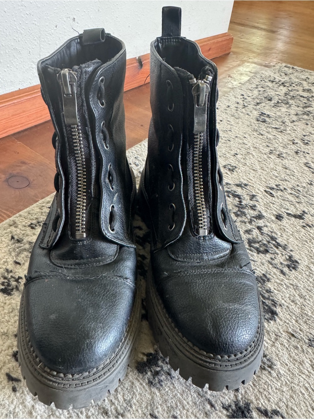 Black Front-Zip Lug Sole Combat Boots